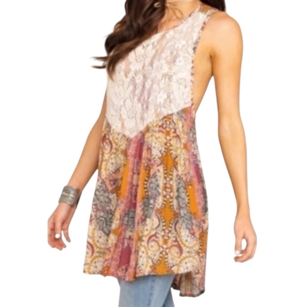 Free People Multicolor Boho Mini Dress long Tunic Top Floral Paisley